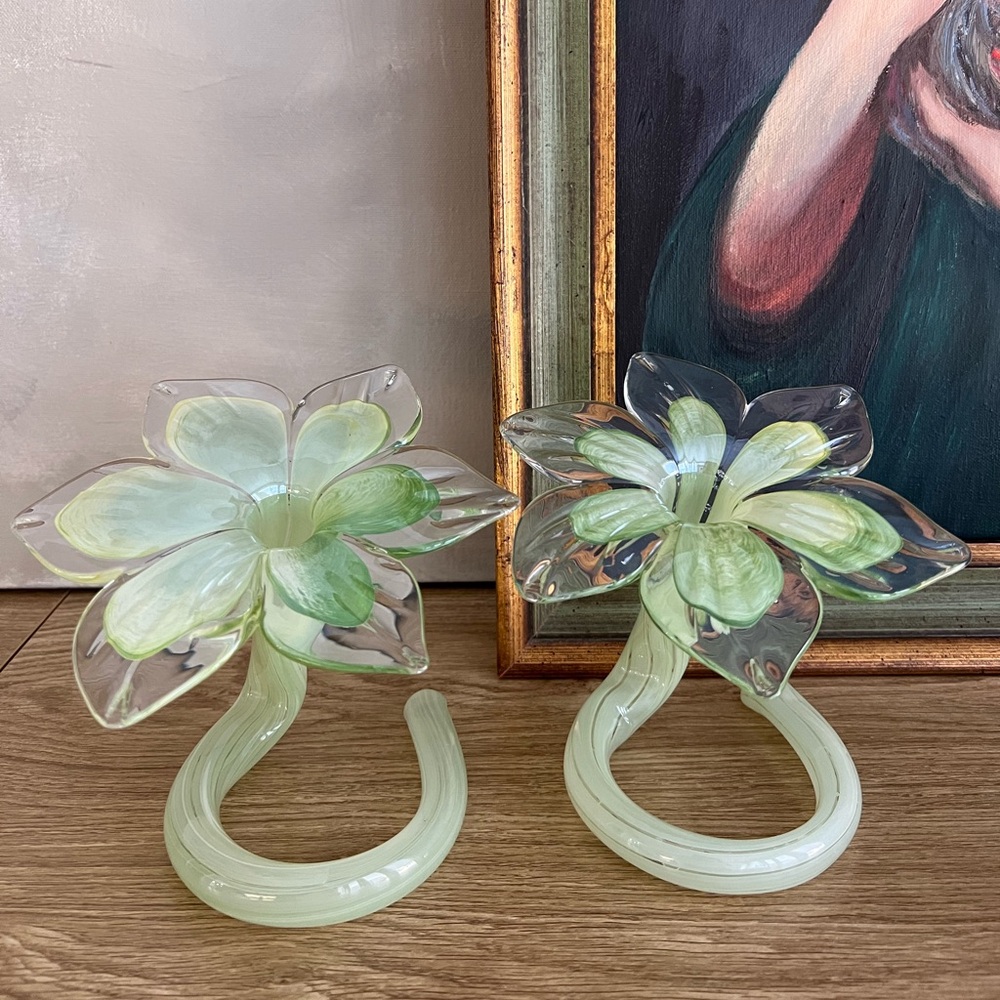 Set of Vintage Murano Spearamint Mint Green Swirl Lily Vase floral bud vase